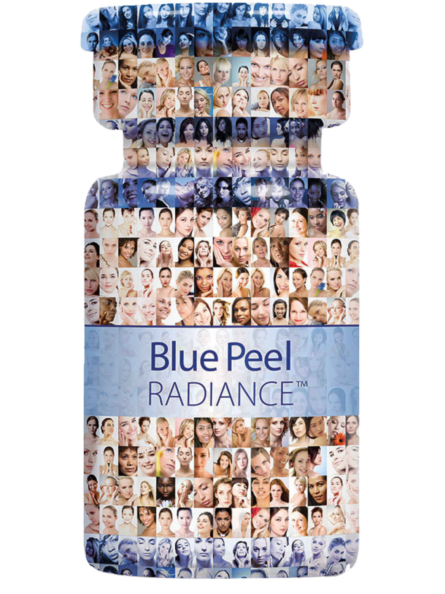 Blue Peel Radiance product packaging with collage of faces