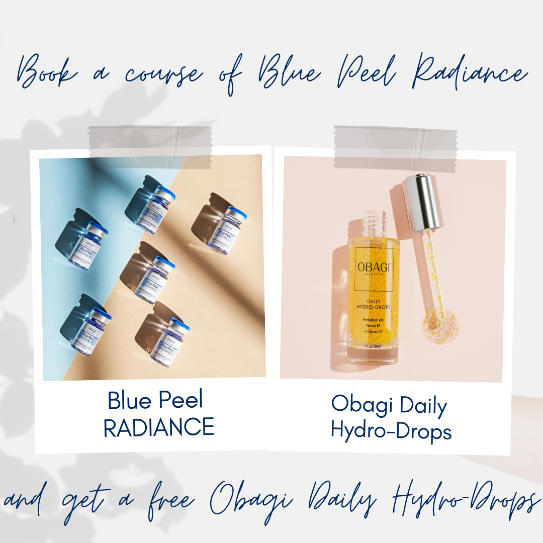 Promotional image of Obagi skincare products with text on a light background