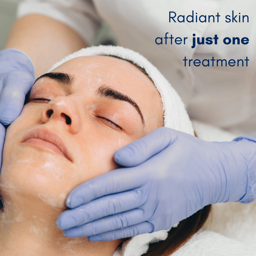 Person receiving a facial treatment with text 'Radiant skin after just one treatment'.
