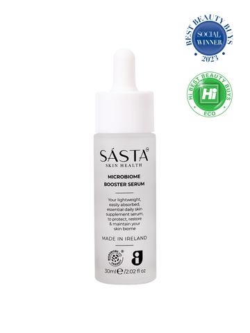 Sasta Microbiome Booster Serum bottle with certification logos.