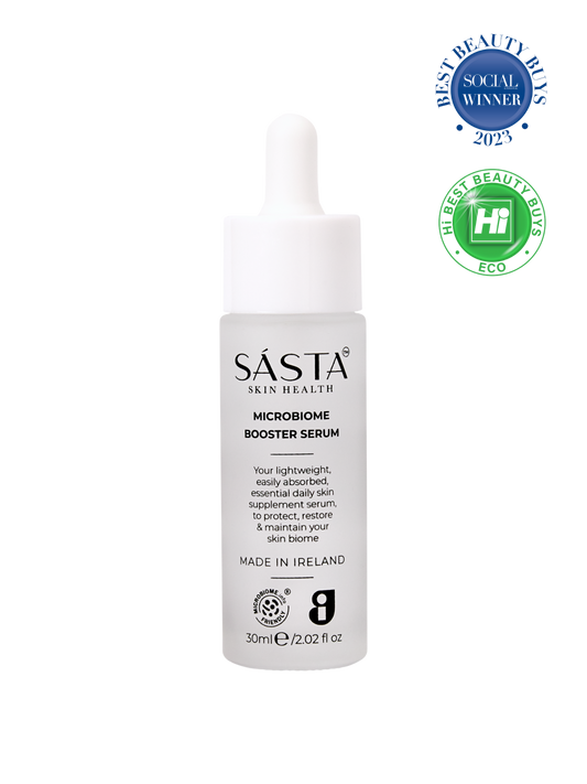 Sasta Microbiome Booster Serum bottle with certification logos.