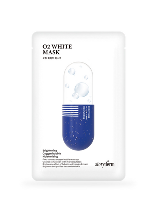 O2 White Mask packaging with blue and white design
