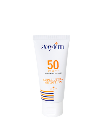 Storyderm sunscreen tube with SPF 50 on a white background