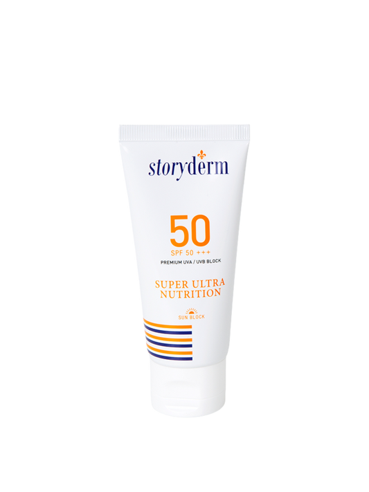 Storyderm sunscreen tube with SPF 50 on a white background