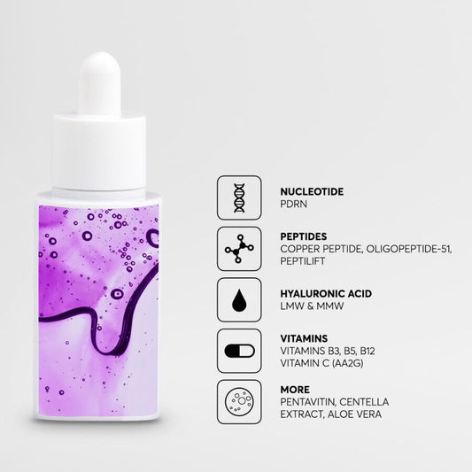 Purple dropper bottle with text detailing its ingredients on a white background