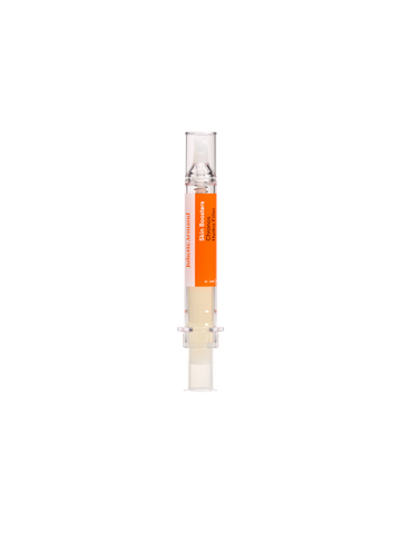 Small cylindrical container with an orange label