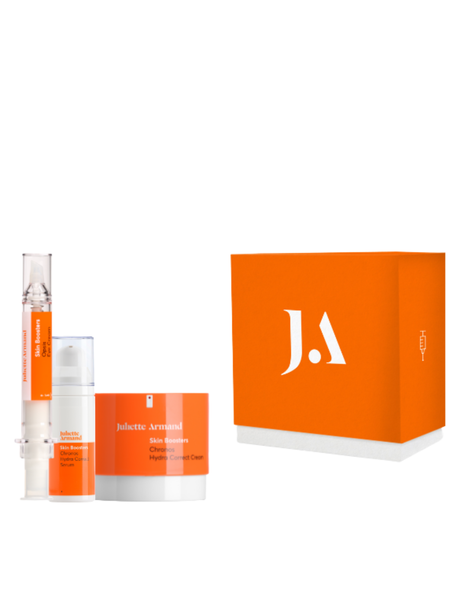 Skincare product set with orange packaging and 'J.A' logo