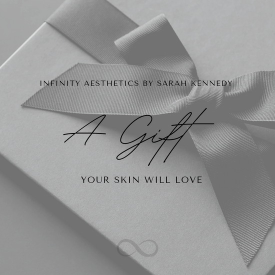 Gray gift box with a bow and 'Infinity Aesthetics by Sarah Kennedy' text on a gray background