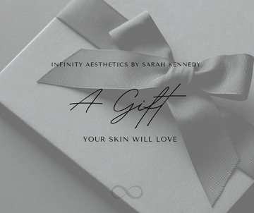 Gray gift box with a bow and 'Infinity Aesthetics by Sarah Kennedy' text on a gray background