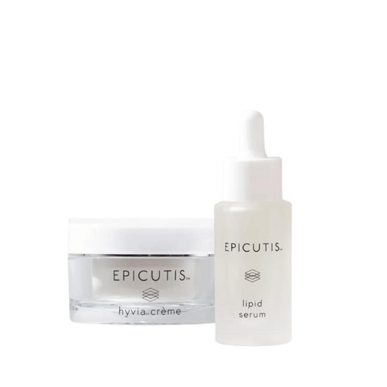 Epicutis skincare products including a jar and dropper bottle