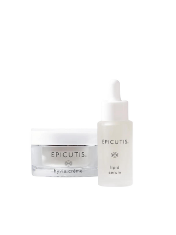 Epicutis skincare products including a jar and dropper bottle