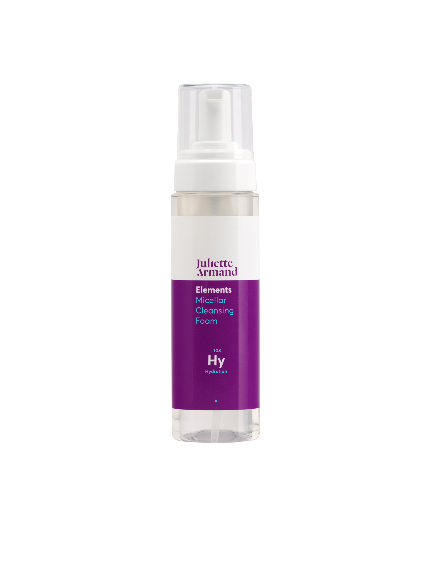 Skincare foam bottle with purple label on a white background