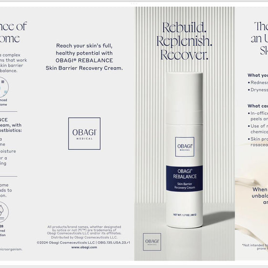 Obagi Rebalance Skin Barrier Recovery Cream advertisement with text and product image.