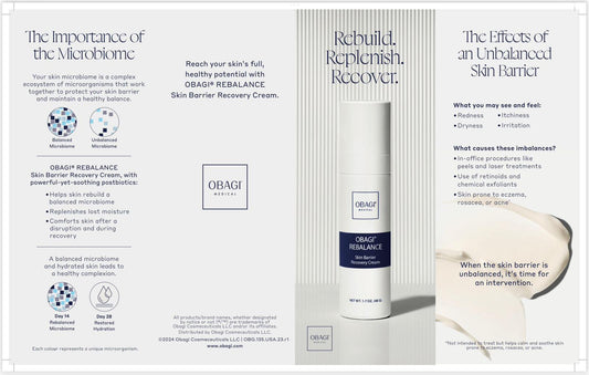 Obagi Rebalance Skin Barrier Recovery Cream advertisement with text and product image.