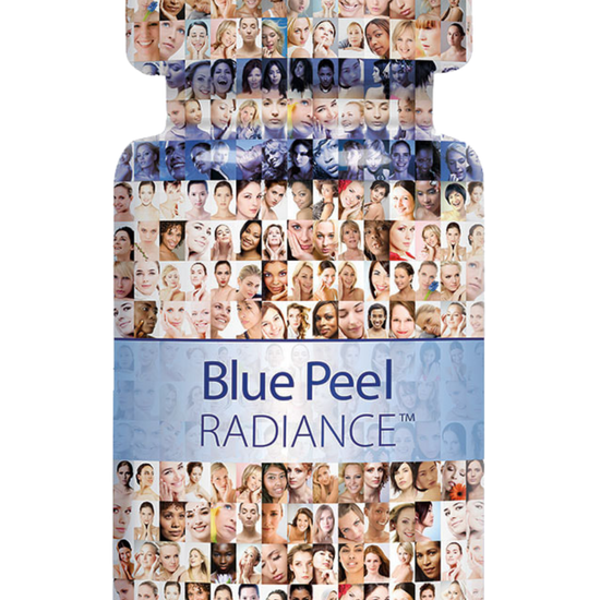 Blue Peel Radiance product packaging with collage of faces