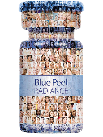 Blue Peel Radiance product packaging with collage of faces