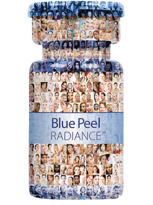 Blue Peel Radiance product packaging with collage of faces