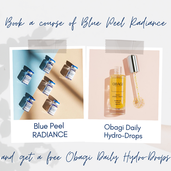 Promotional image of Obagi skincare products with text on a light background