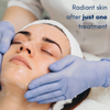 Person receiving a facial treatment with text 'Radiant skin after just one treatment'.
