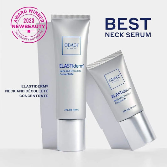 Obagi ELASTIderm neck serum with award badge on a white background