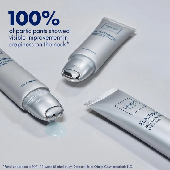 Obagi skincare products with text on neck crepiness improvement on a light background