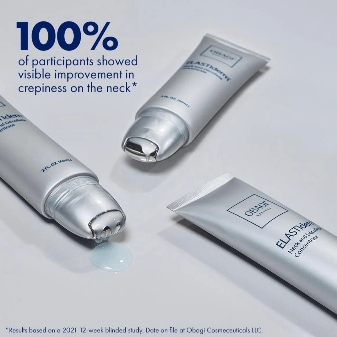 Obagi skincare products with text on neck crepiness improvement on a light background