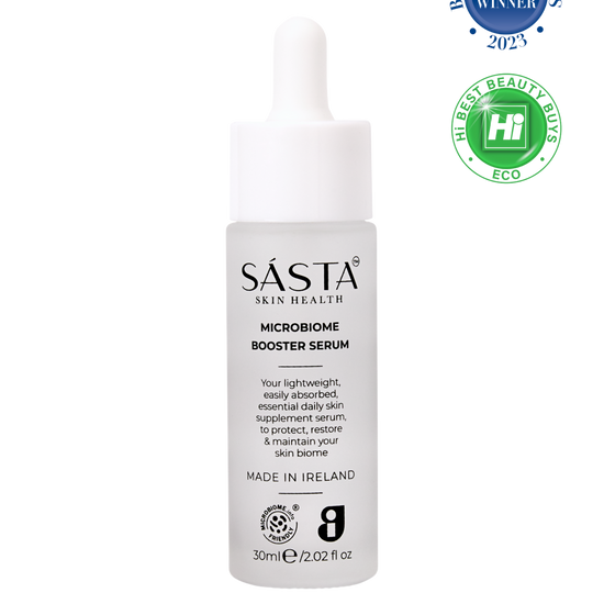 Sasta Microbiome Booster Serum bottle with certification logos.