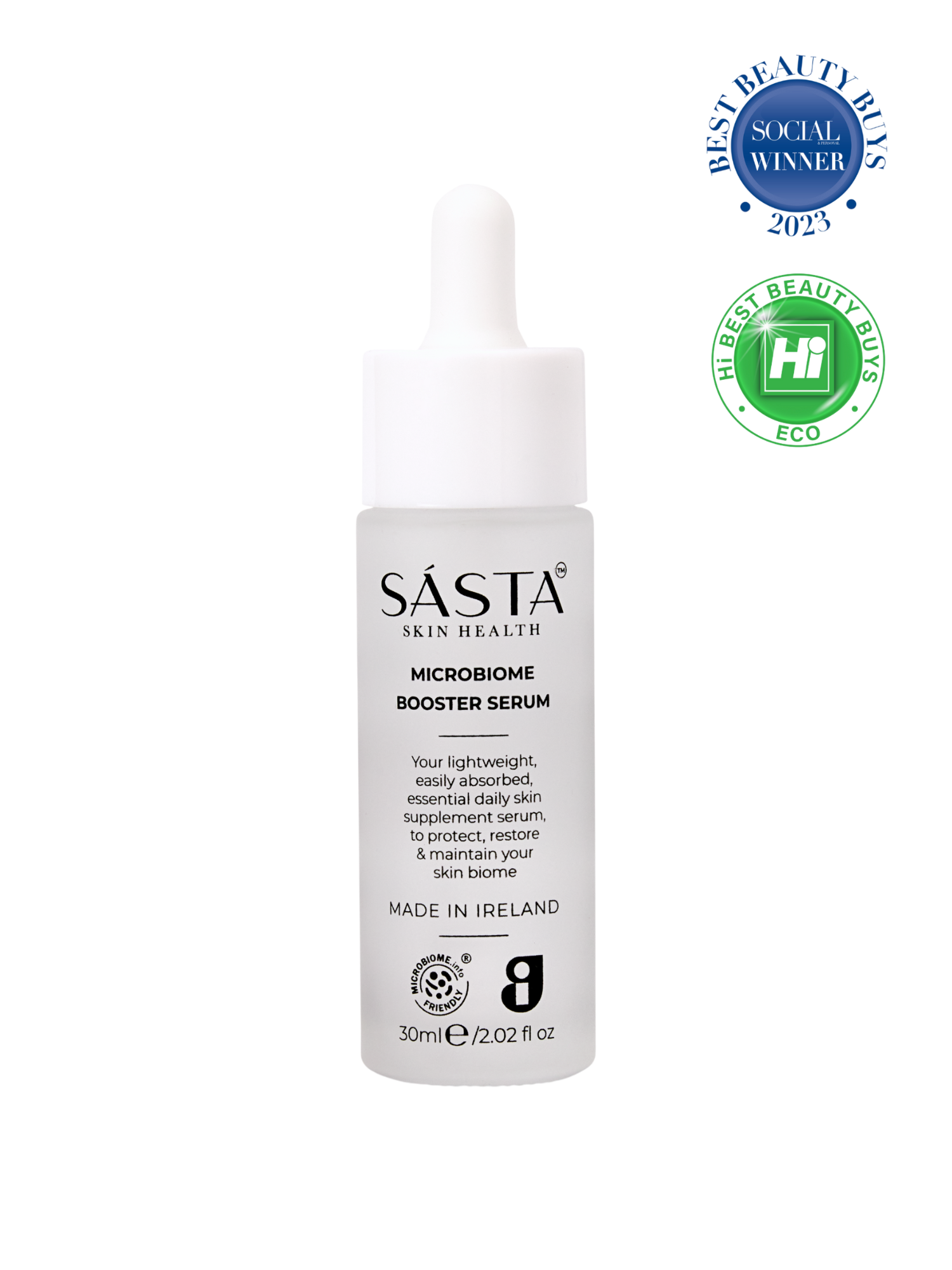 Sasta Microbiome Booster Serum bottle with certification logos.