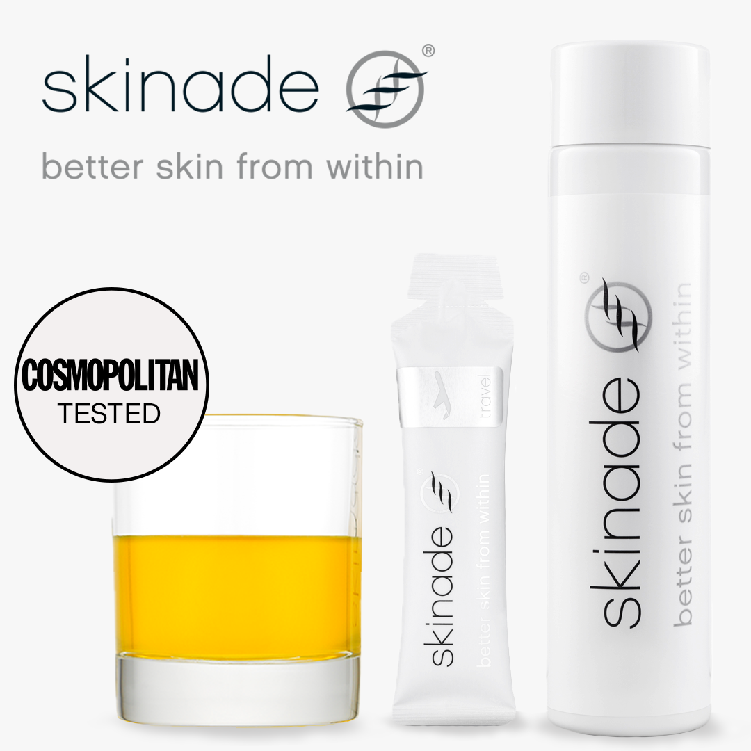 skinade product with a glass of yellow liquid and 'Cosmopolitan Tested' badge on a white background