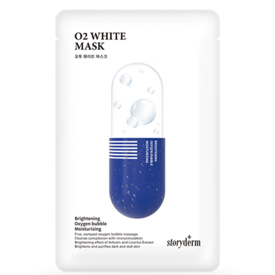 O2 White Mask packaging with blue and white design