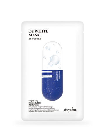 O2 White Mask packaging with blue and white design