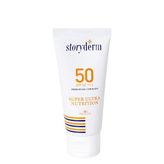 Storyderm sunscreen tube with SPF 50 on a white background
