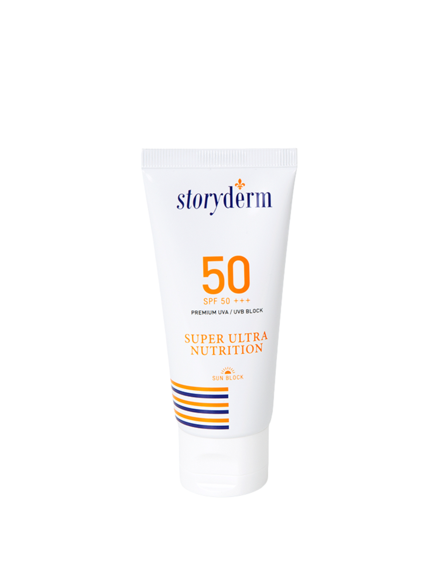 Storyderm sunscreen tube with SPF 50 on a white background